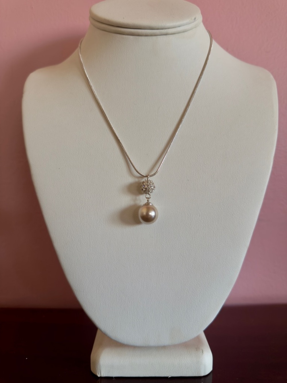 Dainty Pearl Pendant Necklace Silver Tone Rhinestone Bridal Minimalist